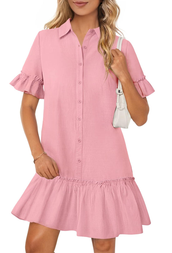 MEROKEETY Button Down Shirt Ruffle Sleeve Shift Dresses