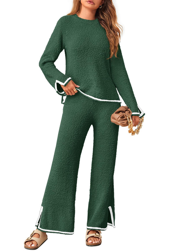 MEROKEETY Long Sleeve Sweater Pants Cozy Knit Pajama Set