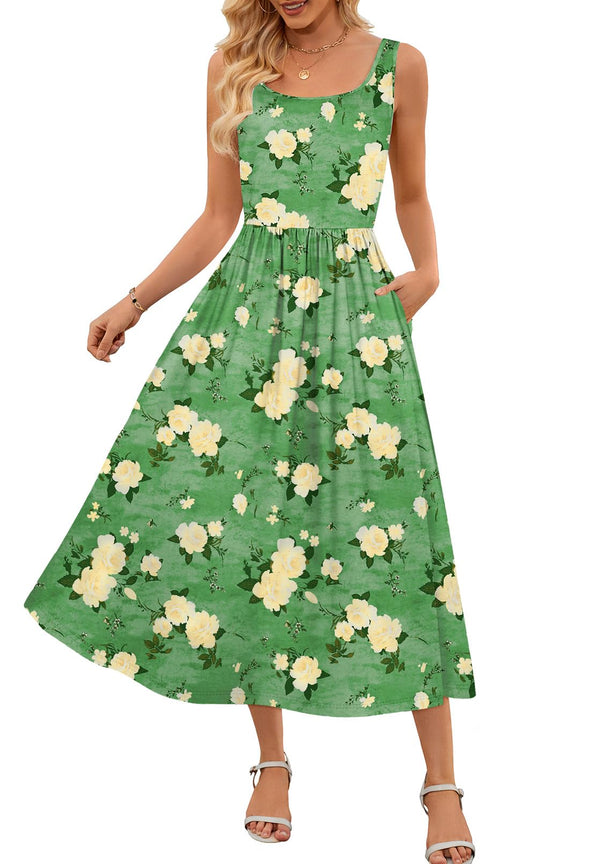 MEROKEETY Casual Floral Sleeveless Flowy Boho Tank Midi Dresses