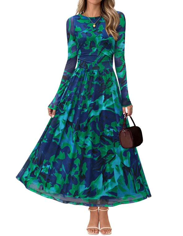 MEROKEETY Wedding Guest Crewneck Floral Flowy Mesh Cocktail Dresses