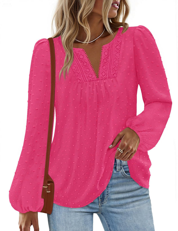 MEROKEETY Fall Blouse Crochet Lace V Neck Swiss Dot Tops