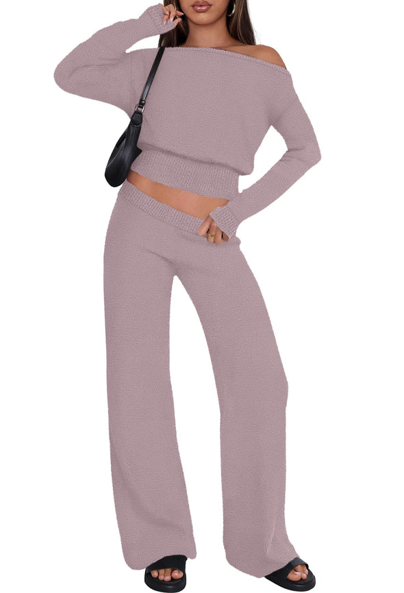 MEROKEETY Pajama Set Fuzzy Fleece Loungewear Off Shoulder Sweater Tops