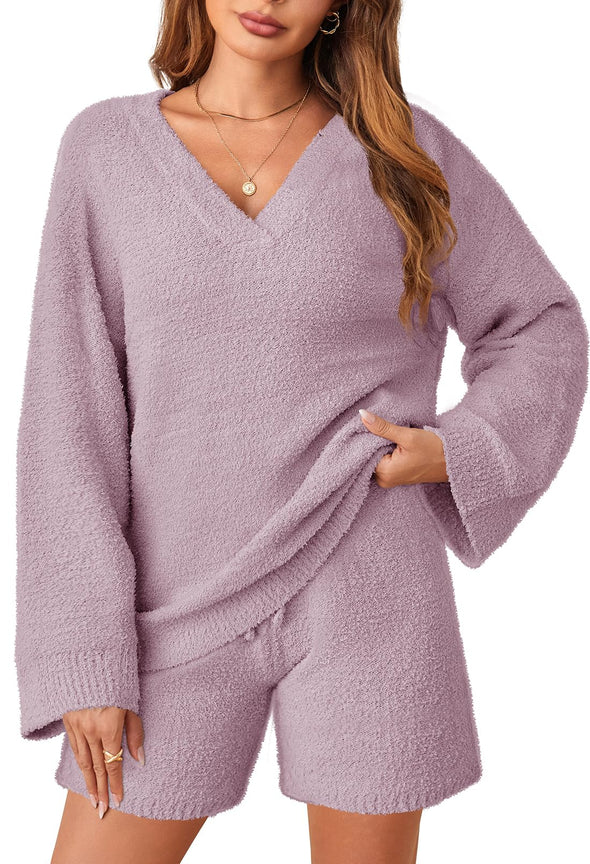 MEROKEETY Fuzzy Fleece Long Sleeve Tops and Shorts Pajamas Set