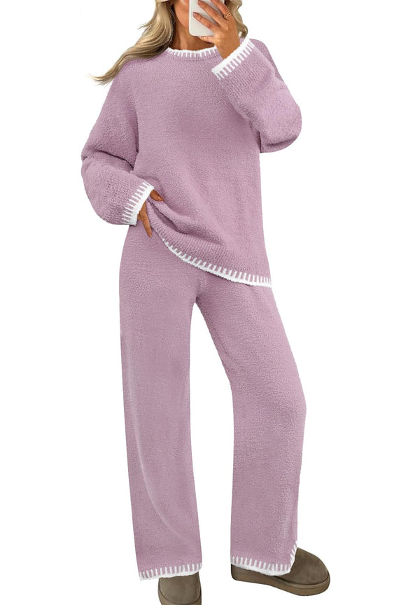 MEROKEETY Fuzzy Fleece Top Wide Leg Pants Sweater Pajama Set