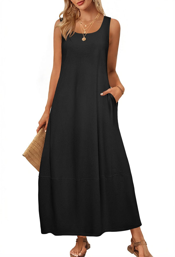 MEROKEETY Beach Dress Scoop Neck Sleeveless Loose Tank Dress