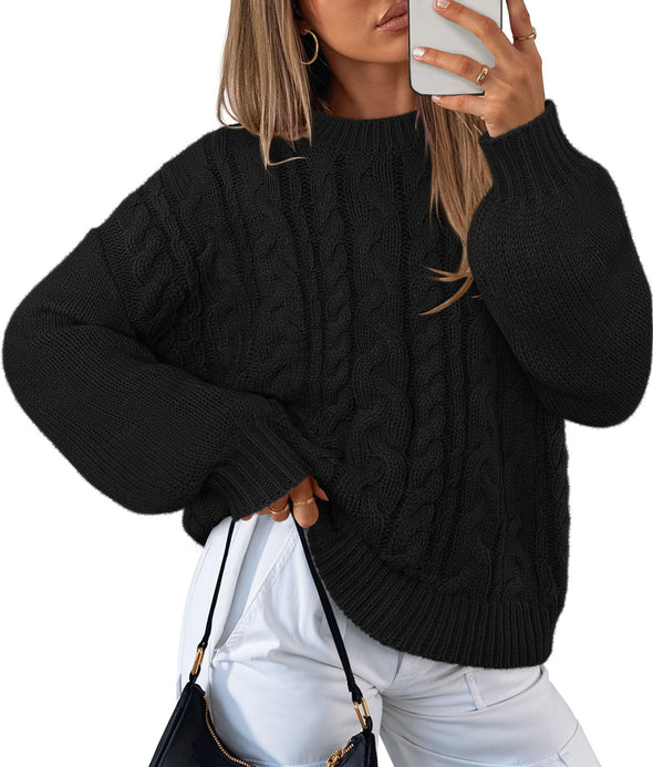 MEROKEETY Chunky Cable Knit Solid Crewneck Casual Pullover Tops