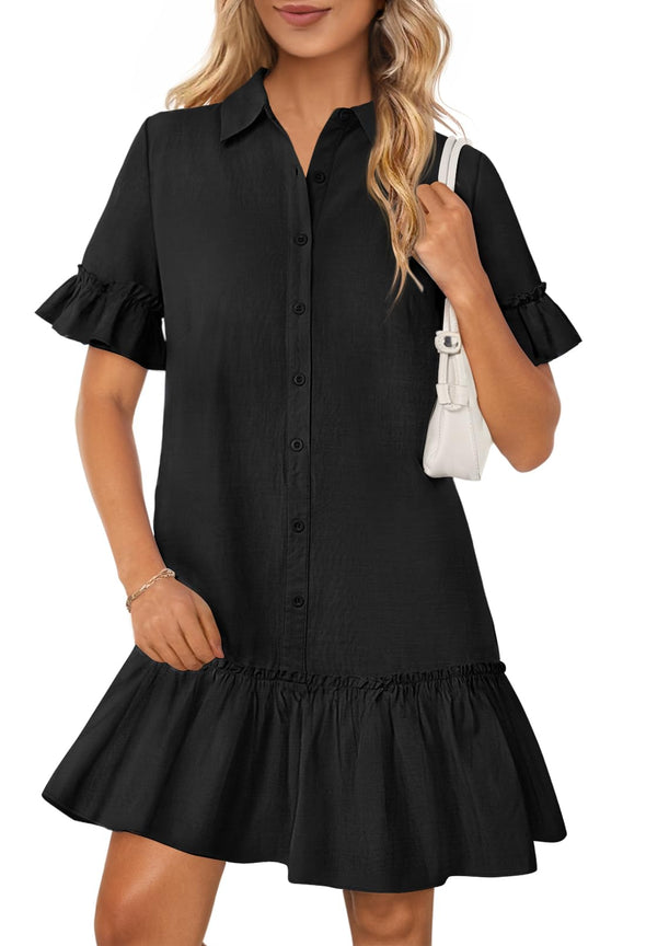 MEROKEETY Button Down Shirt Ruffle Sleeve Shift Dresses