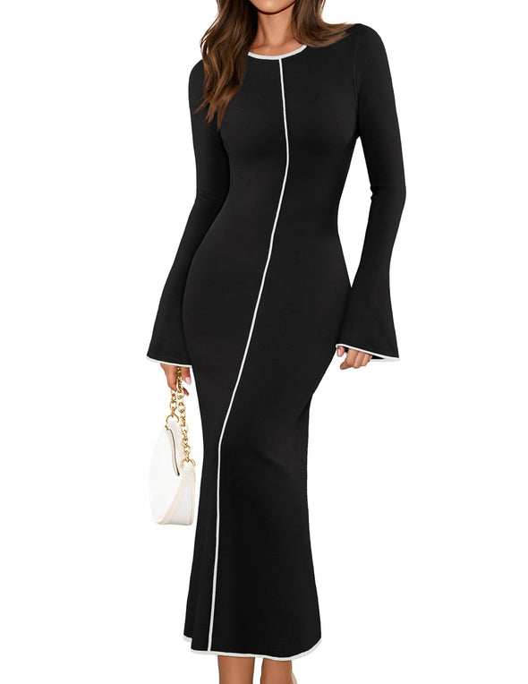 MEROKEETY Bell Sweater Elegant Bodycon Color Block Knit Dresses
