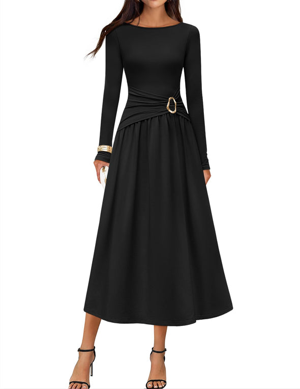 MEROKEETY Elegant Boat Neck Ruched Swing Cocktail Party Dresses