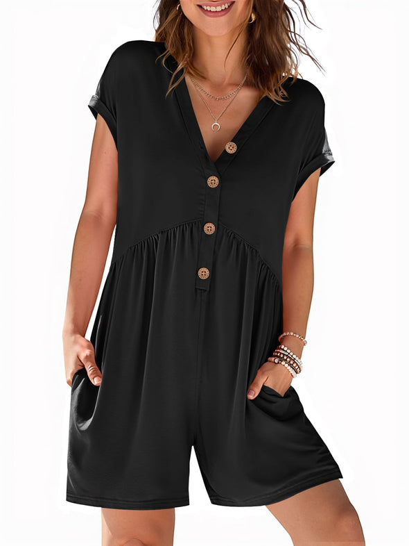 MEROKEETY Cap Sleeve Jumpsuits V Neck Button Short Romper