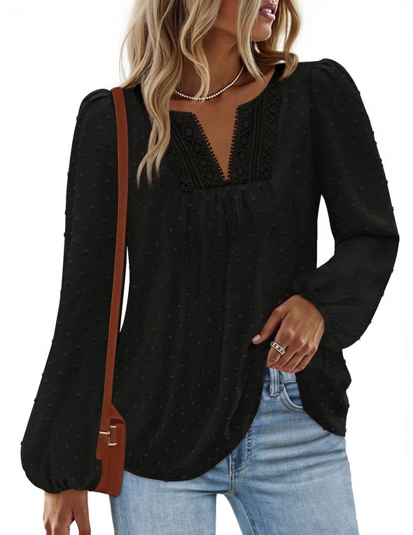 MEROKEETY Fall Blouse Crochet Lace V Neck Swiss Dot Tops