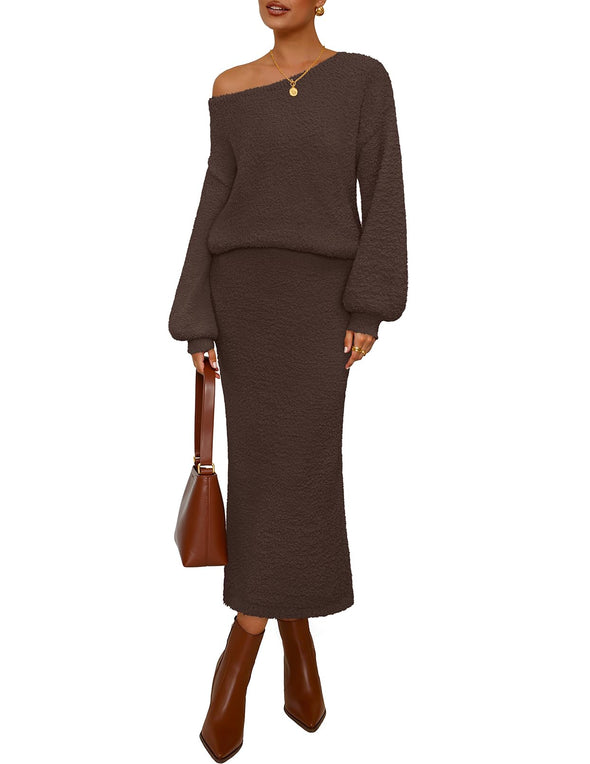 MEROKEETY Fall Fuzzy Boat Neck Pullover Top Maxi Skirt