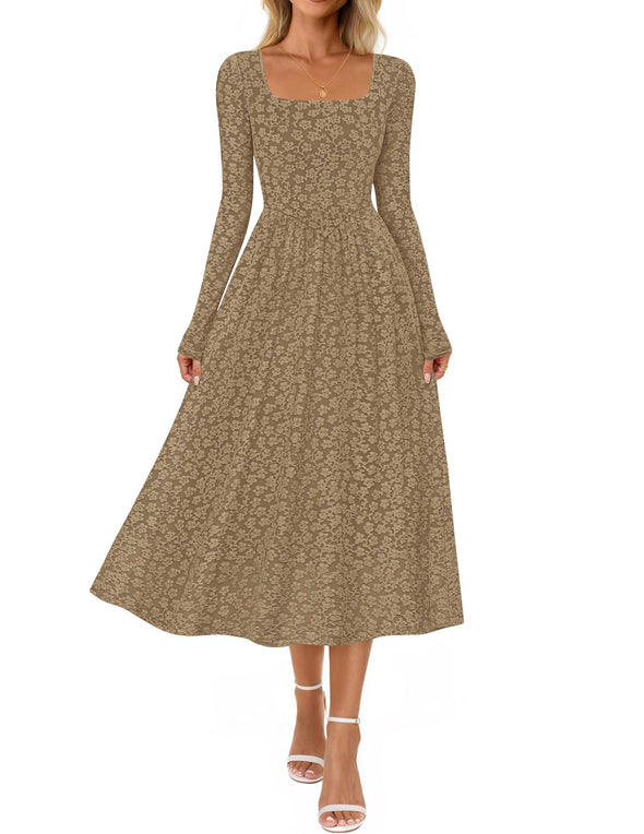 MEROKEETY Floral Square Neck Flowy A Line Wedding Ruched Dress