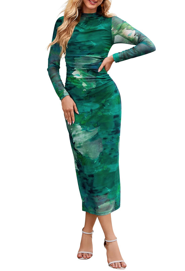 MEROKEETY Tie Dye Bodycon Mock Neck Mesh Ruched Dresses