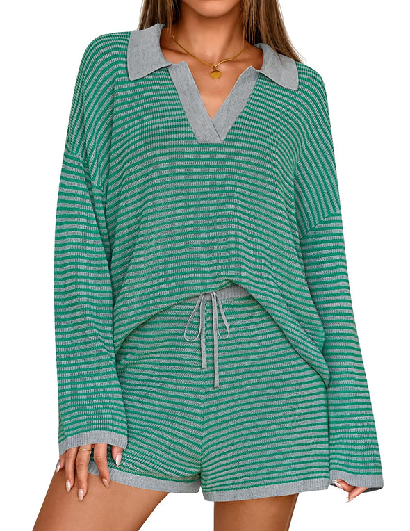 MEROKEETY Casual Striped Sweater Tops Shorts Matching Set
