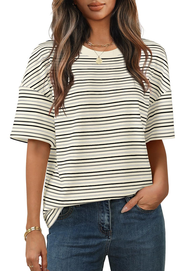 MEROKEETY Casual Colourful Striped Crewneck Loose Tops