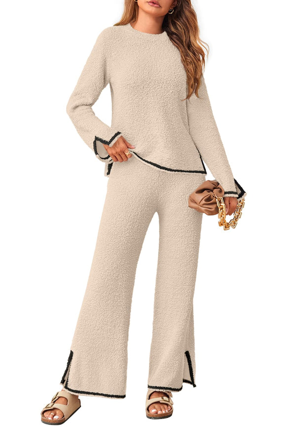 MEROKEETY Long Sleeve Sweater Pants Cozy Knit Pajama Set