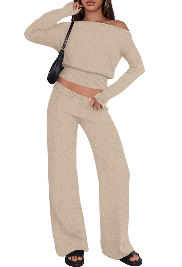 MEROKEETY Pajama Set Fuzzy Fleece Loungewear Off Shoulder Sweater Tops