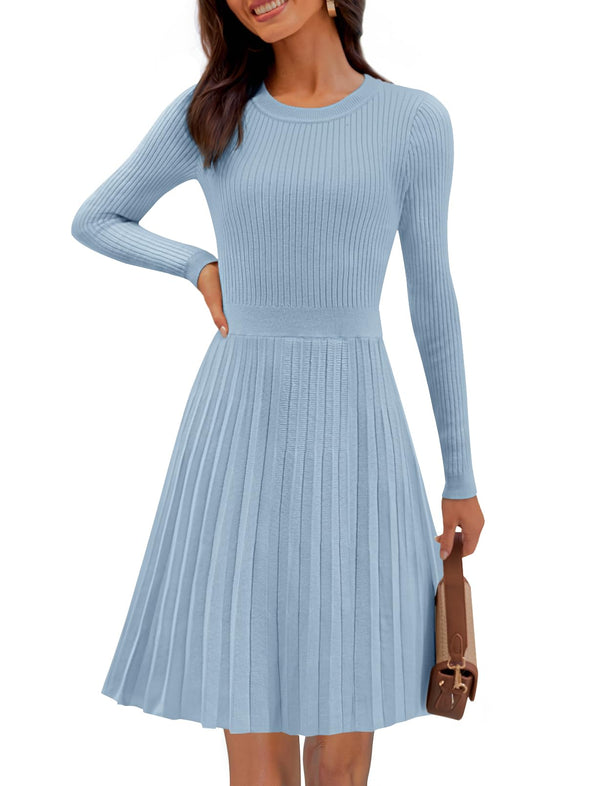 MEROKEETY Crewneck Ribbed Knit A Line Pleated Swing Short Dresses