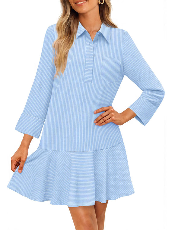 MEROKEETY 3/4 Sleeve Shirt Button Down Shift Pleated Midi Dresses