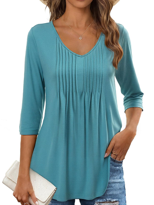 MEROKEETY 3/4 Sleeve Tunic V Neck Basic Pleated Loose Shirts