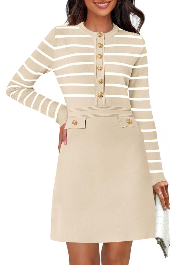 MEROKEETY Striped Button Crewneck Fall Bodycon Formal Dresses