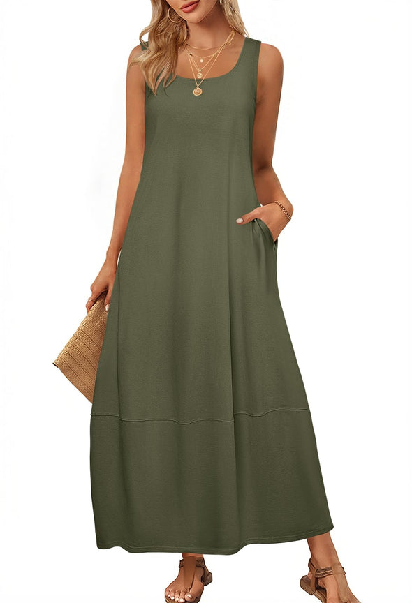 MEROKEETY Beach Dress Scoop Neck Sleeveless Loose Tank Dress