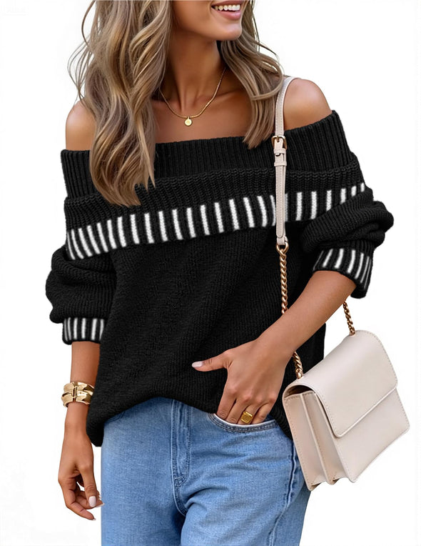 MEROKEETY Fall Oversized Ribbed Knit Striped Pullover Tops