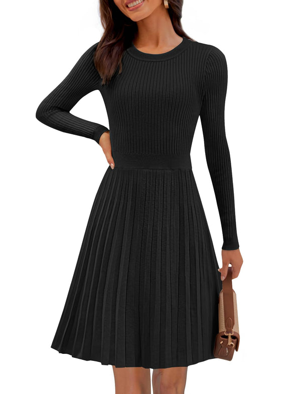 MEROKEETY Crewneck Ribbed Knit A Line Pleated Swing Short Dresses