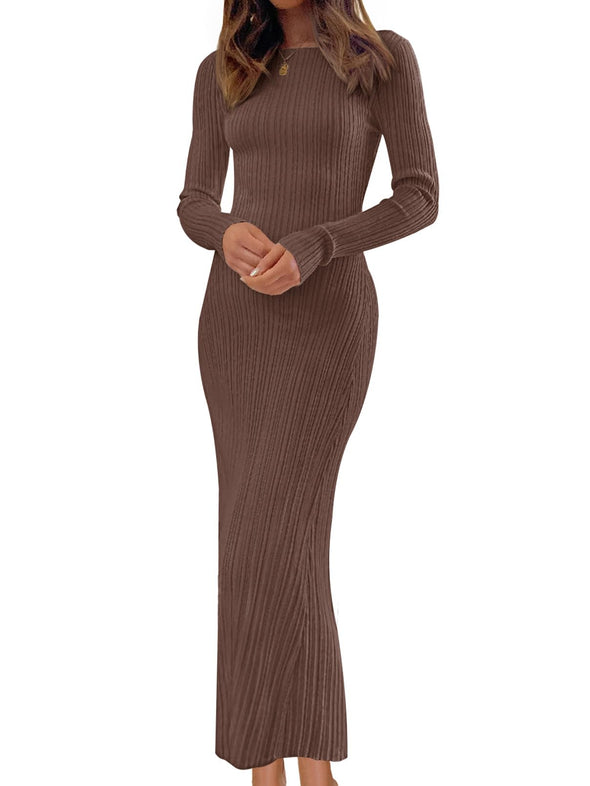 MEROKEETY Crew Neck Ribbed Knit Bodycon Sweater Dress