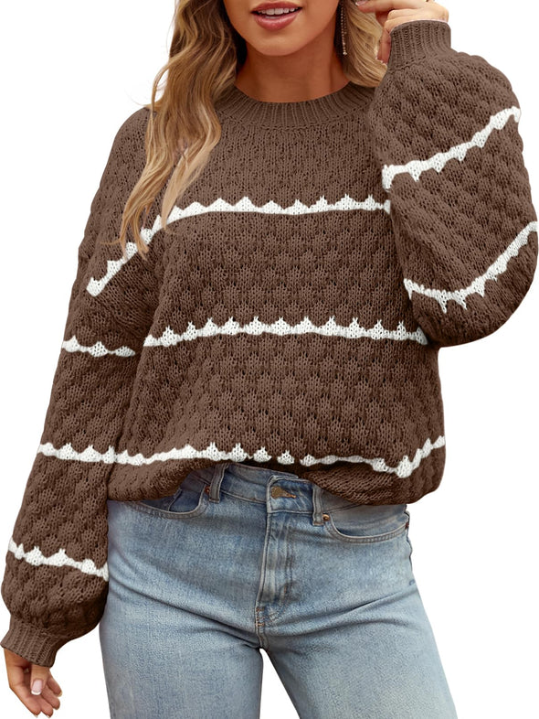 MEROKEETY Pullover Sweater Crew Neck Oversized Knit Jumper Tops