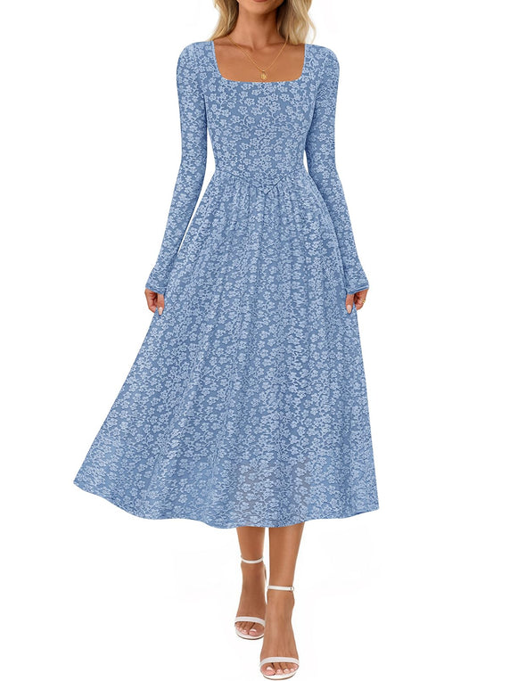 MEROKEETY Floral Square Neck Flowy A Line Wedding Ruched Dress