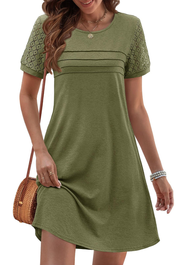 MEROKEETY Short Lace Crew Neck Pleated Front Shift Dresses