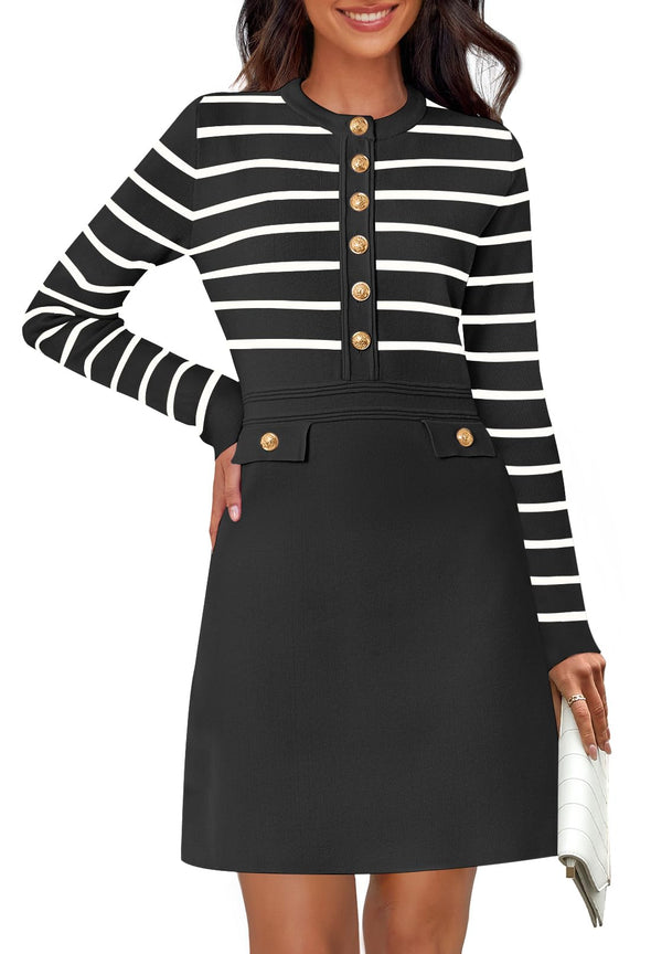 MEROKEETY Striped Button Crewneck Fall Bodycon Formal Dresses