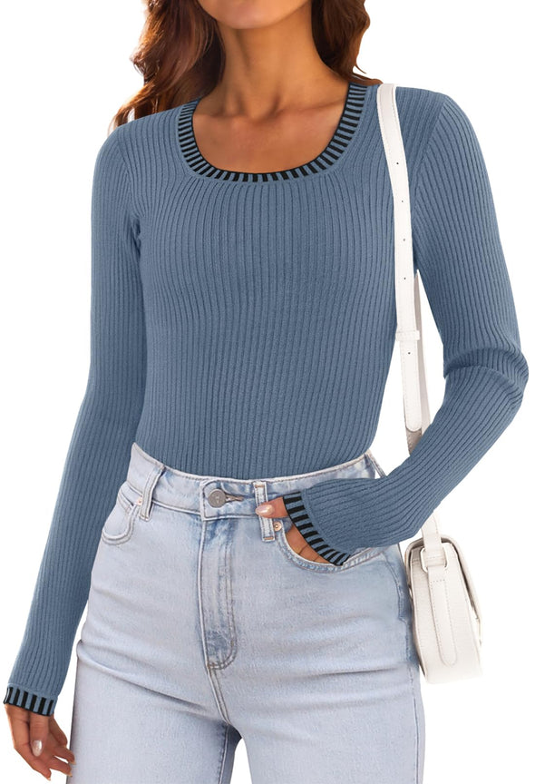 MEROKEETY Ribbed Knit Bodysuits Scoop Neck Slimming Tops