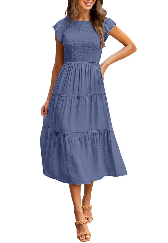 MEROKEETY Short Sleeve Smocke Tiered A-Line Dress