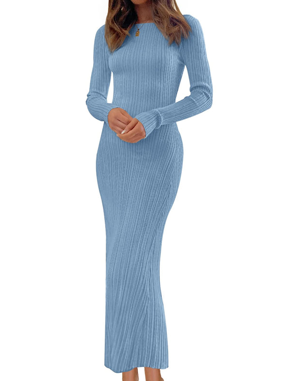 MEROKEETY Crew Neck Ribbed Knit Bodycon Sweater Dress