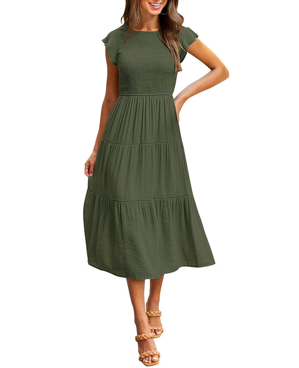 MEROKEETY Short Sleeve Smocke Tiered A-Line Dress