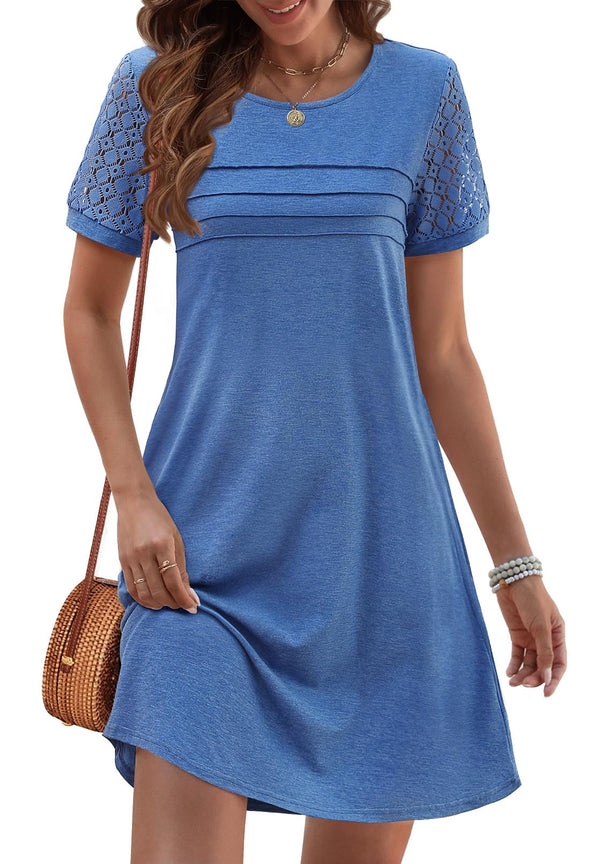 MEROKEETY Short Lace Crew Neck Pleated Front Shift Dresses
