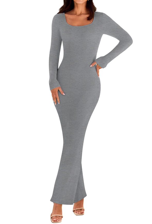 MEROKEETY Square Neck Bodycon Ribbed Knit Long Sweater Dress