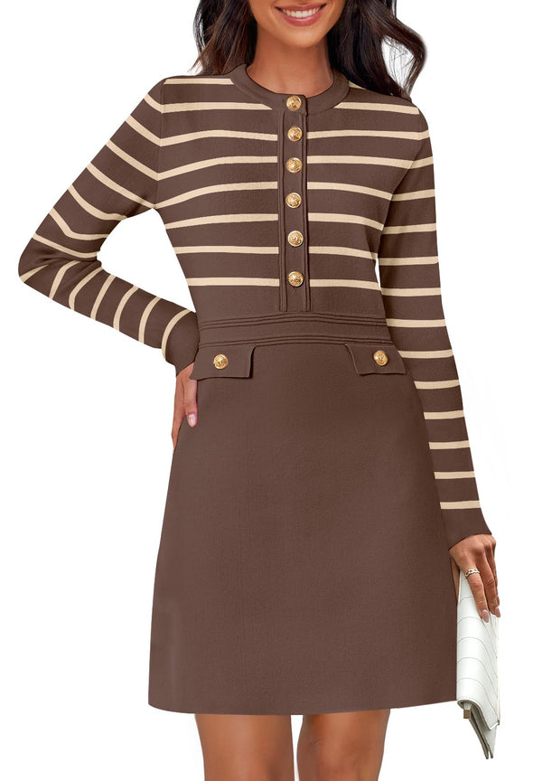 MEROKEETY Striped Button Crewneck Fall Bodycon Formal Dresses