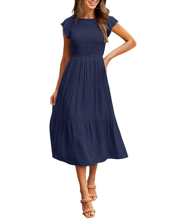 MEROKEETY Short Sleeve Smocke Tiered A-Line Dress