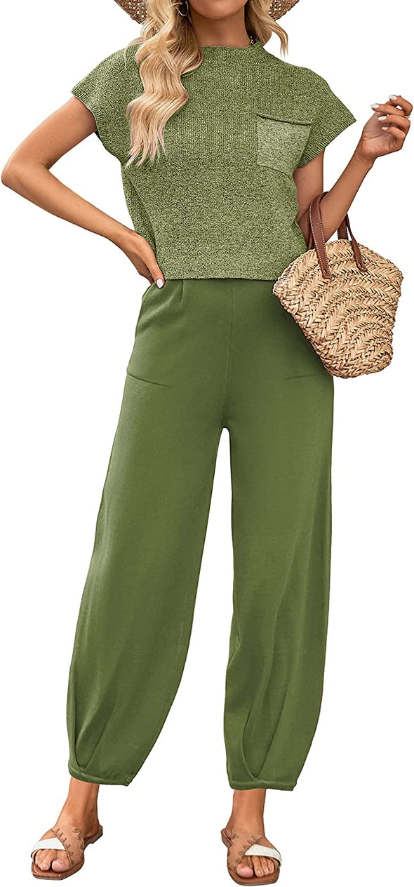 MEROKEETY Short Sleeve Two Piece Matching Knit Set