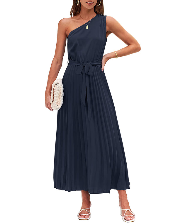 MEROKEETY One Shoulder Sleeveless Pleated Maxi Dress