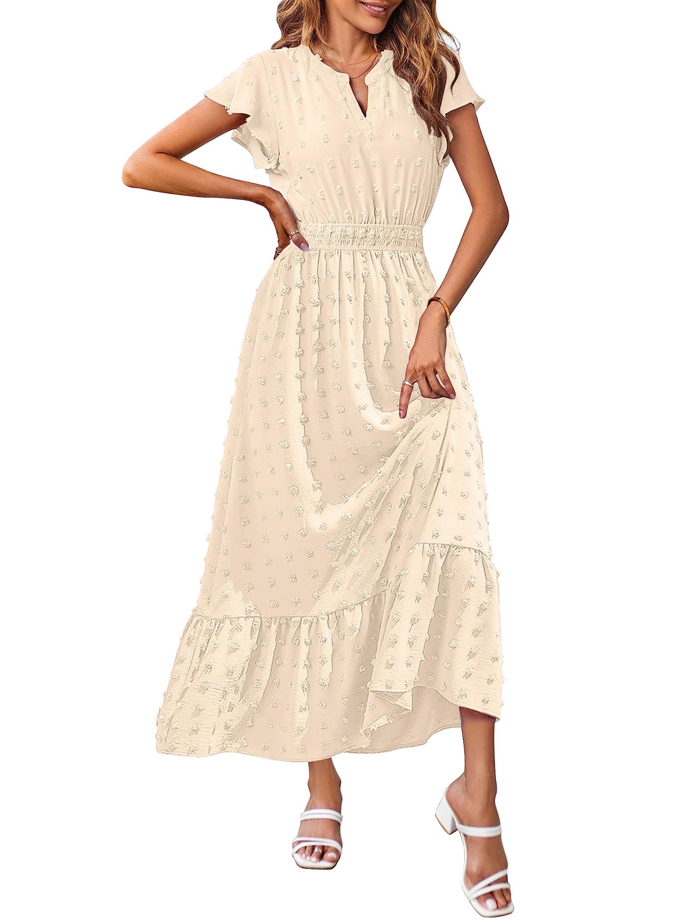 MEROKEETY Short Sleeve V Neck Swiss Dot Smocked Maxi Dress Merokeety MEROKEETY Short Sleeve V Neck Swiss Dot Smocked Maxi Dress Merokeety