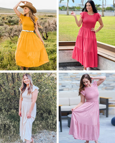 MEROKEETY Short Sleeve Smocke Tiered A-Line Dress