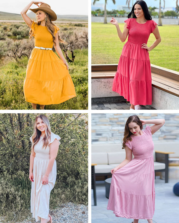 MEROKEETY Short Sleeve Smocke Tiered A-Line Dress