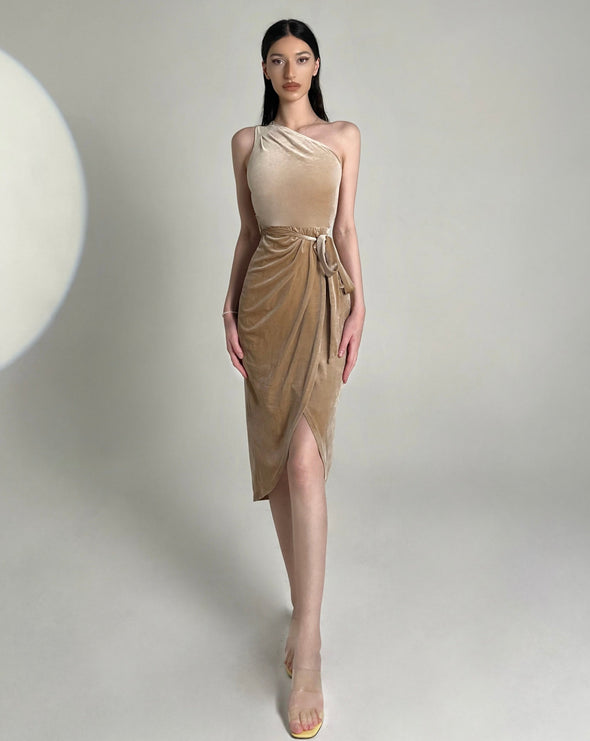 MEROKEETY One Shoulder Sleeveless Velvet Wrap Slit Midi Dress
