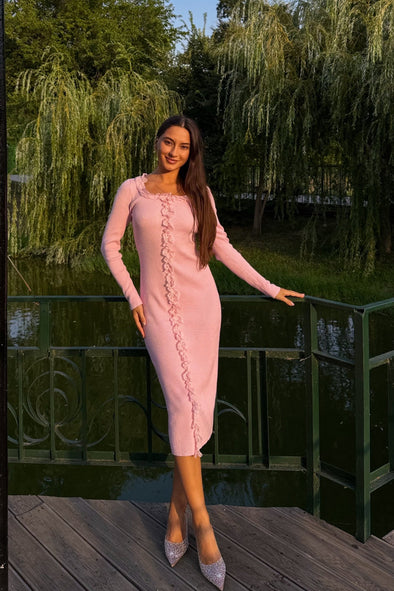 MEROKEETY Bodycon Square Neck Ruffle Ribbed Knit Dresses
