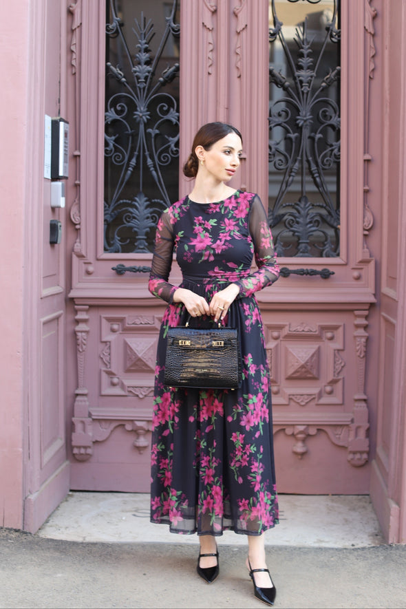 MEROKEETY Wedding Guest Crewneck Floral Flowy Mesh Cocktail Dresses
